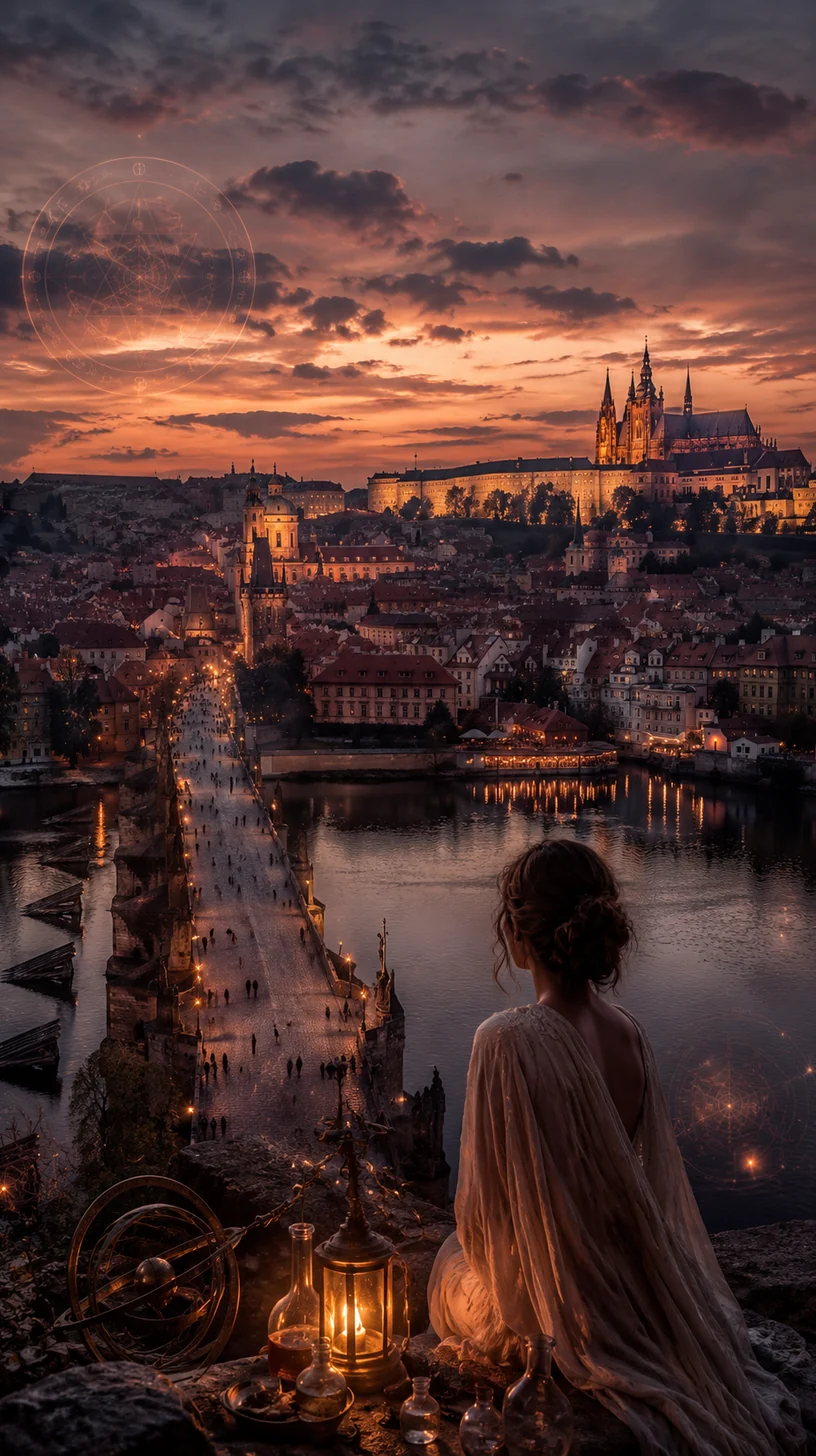 Noční Praha s alchymistickými symboly a Karlovým mostem